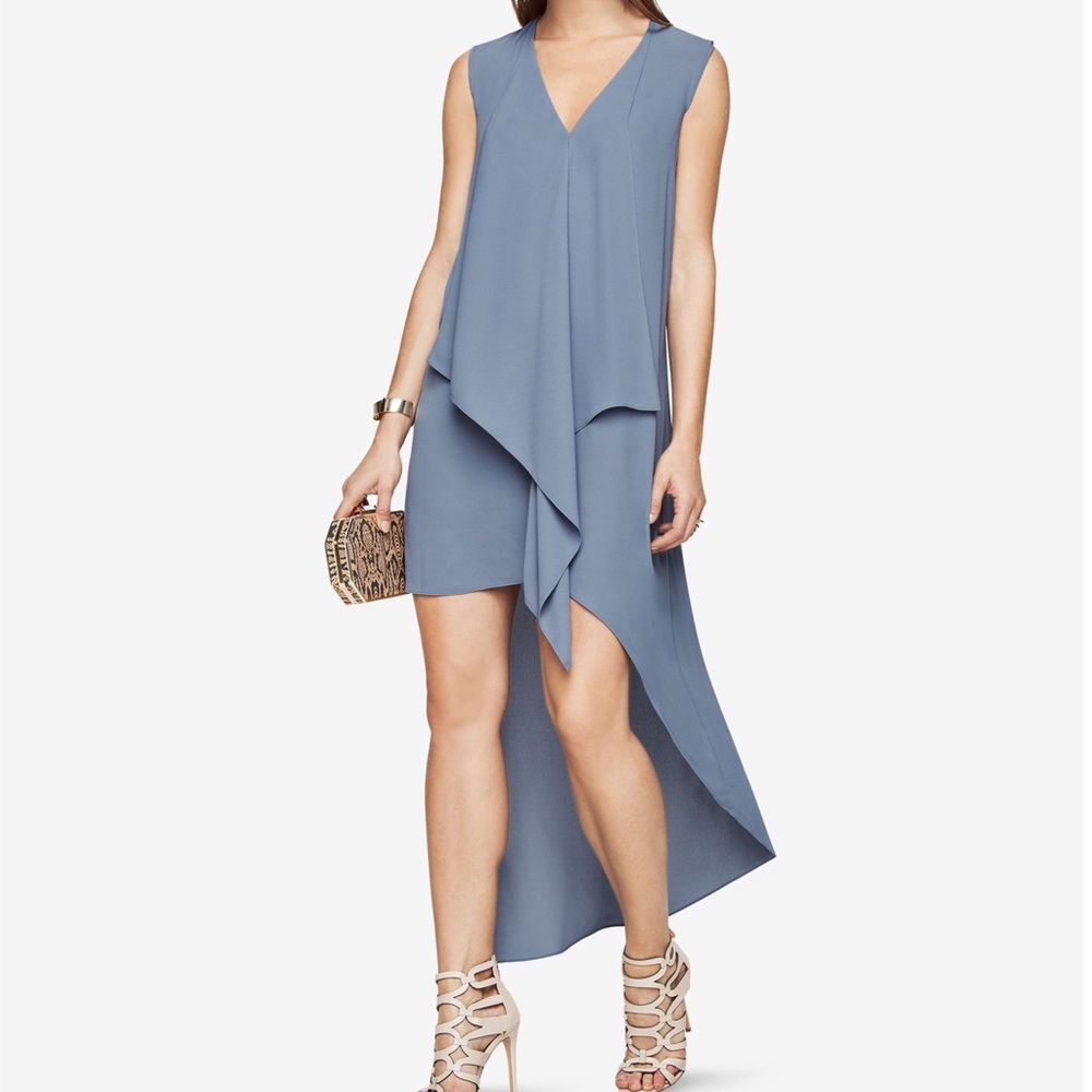 BCBGMAXAZRIA Tara Cascade High/Low Dress, Smokey Blue
